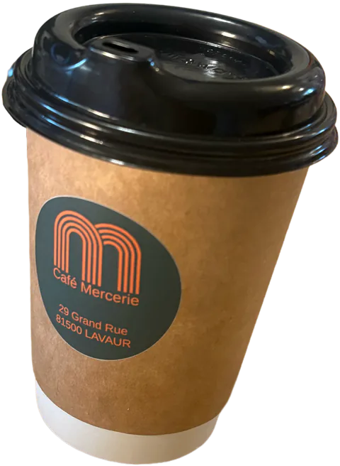 Gobelet de café à emporter Moha, marqué du logo et de l’adresse du café mercerie